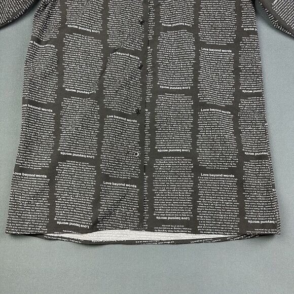 Spoon Jeans Tunic Top Women L Black Allover Script Empowerment Button Up Shirt* - Picture 4 of 12